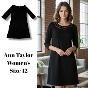 Ann Taylor Dress Black Knee Length Beaded Neckline Shift Classic Chic Size 12